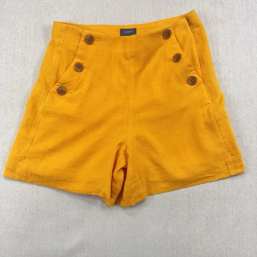 J.Crew NWT Women’s Linen Blend Sailor Shorts Yellow High Rise Size 00 Button